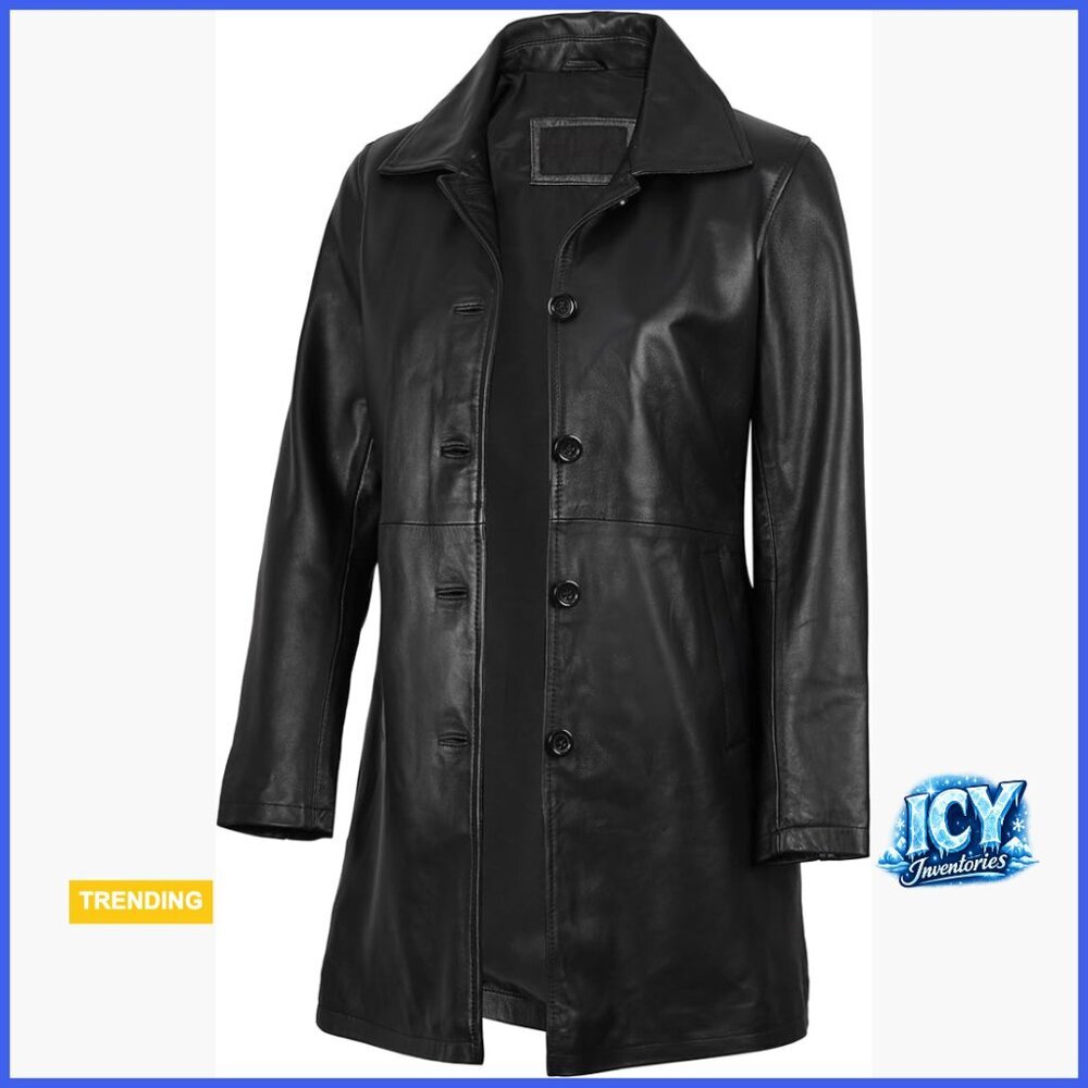 Real Lambskin Leather Car Coat 3/4 Length Button Zipper Closure